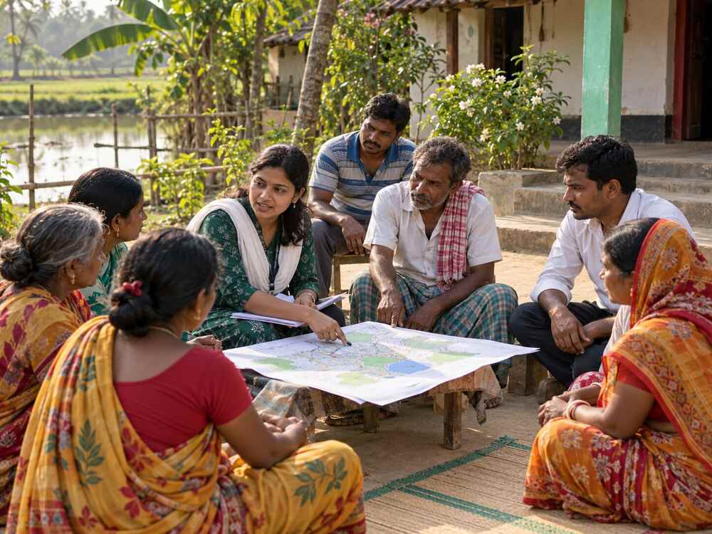 Illustrative image of community members and a field worker discussing local priorities